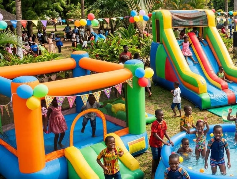 Illustrative mobile amusement attractions arranged for an outdoor occasion.